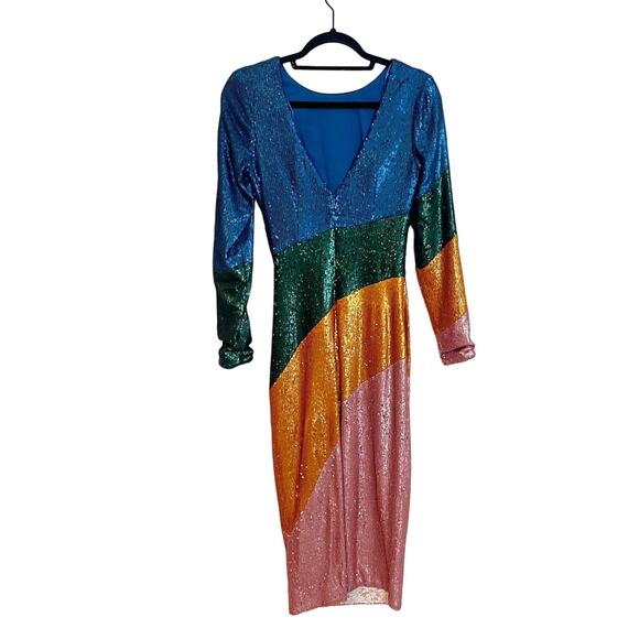 Dress the Population Sequin Color Block Long Sleeve Midi Sheath Dress XS NWOT - Picture 7 of 9